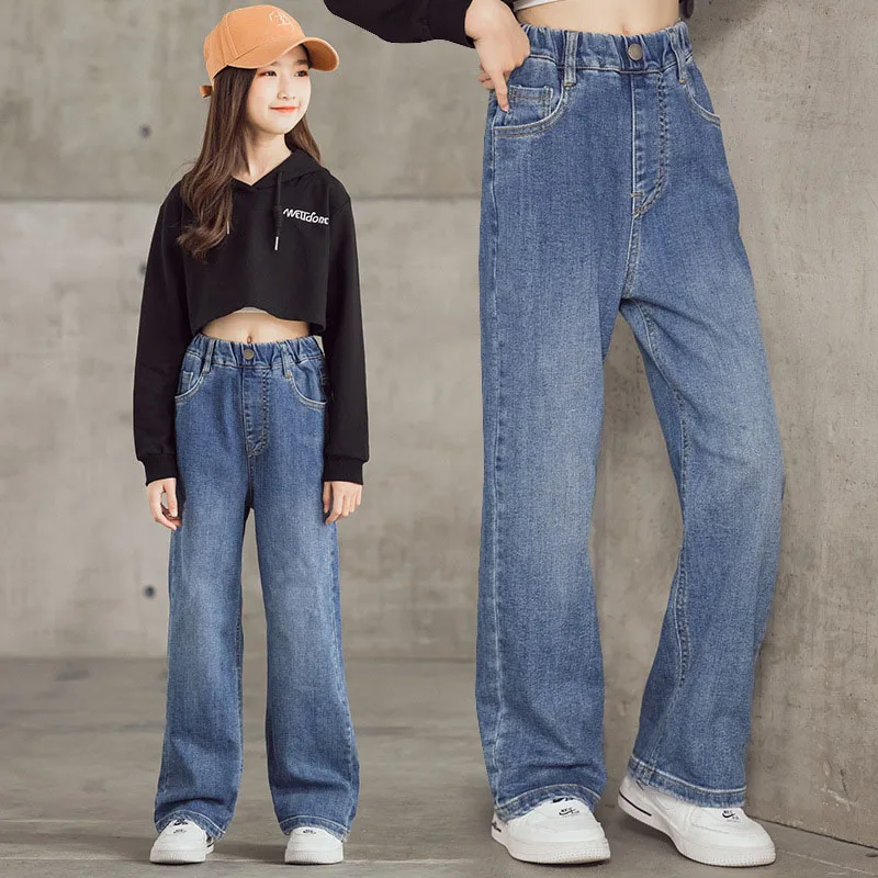 Spring Kid\'s Jeans 3-9Y Cute Girls Solid Color Loose Wide Leg Pants Childrens Outwear Denim Trousers