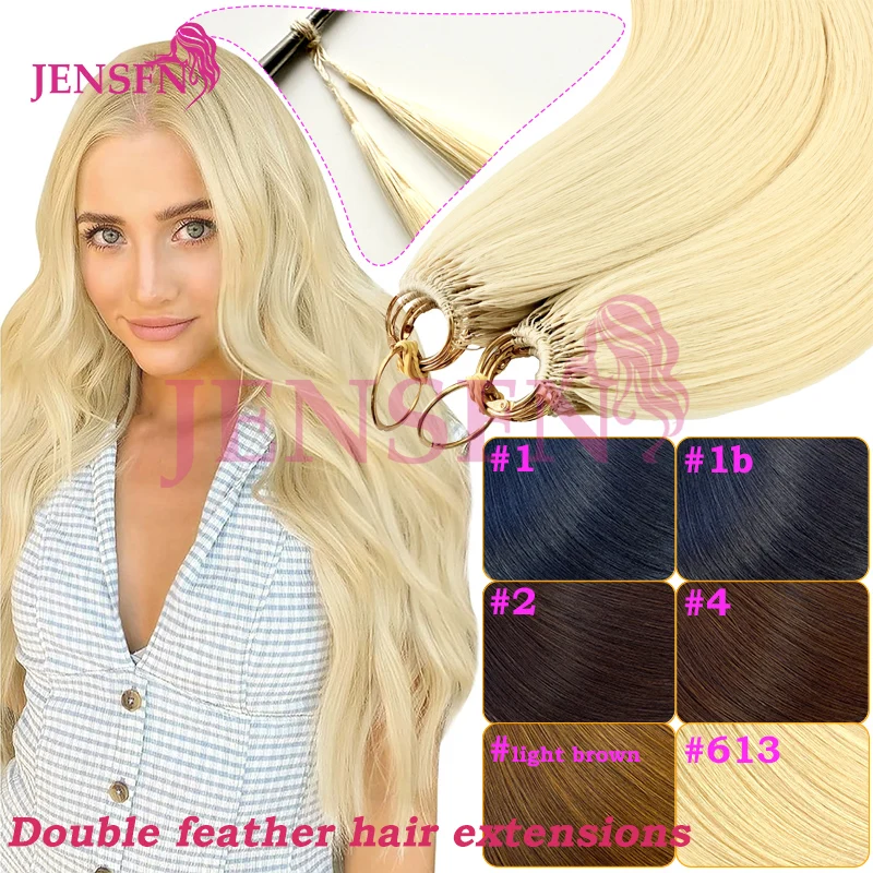 

JENSFN Double line Feather Hair Extensions 100% Really Human Hair Straight 16"-26" Inch brown 613 Color Hair Salon Supplies