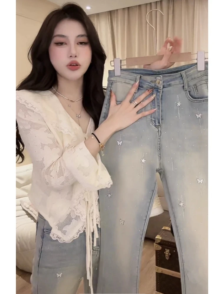 Hohe Taille, schmale Denim-Hose, Damen-Microbell-Jeans, 2025, Frühjahr, neuer Stil, europäische Waren-Hose