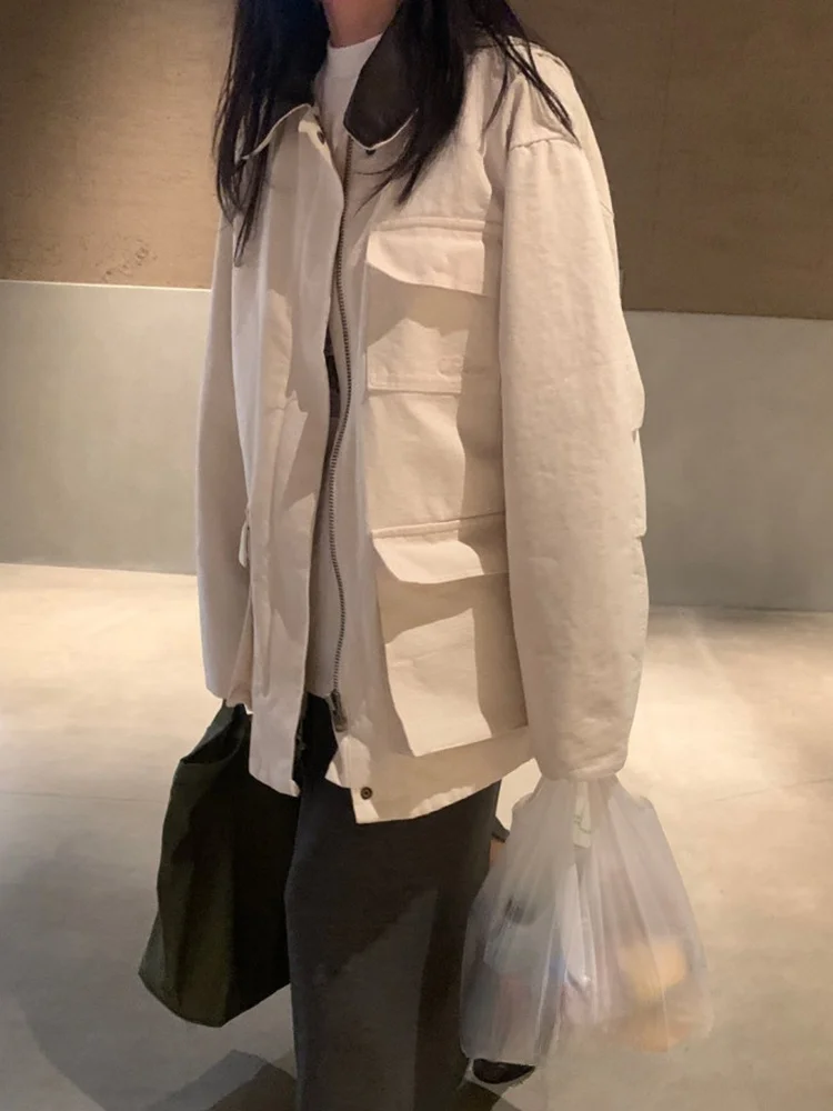 Retro Chic Cuoio DELL'UNITÀ di elaborazione di Lavoro Jaet delle Donne Allentato Vestibilità Con Colletto Multi-ket Tuta Sportiva Autunno Nuovo Sle Colore Blo Cappotto Delle Signore