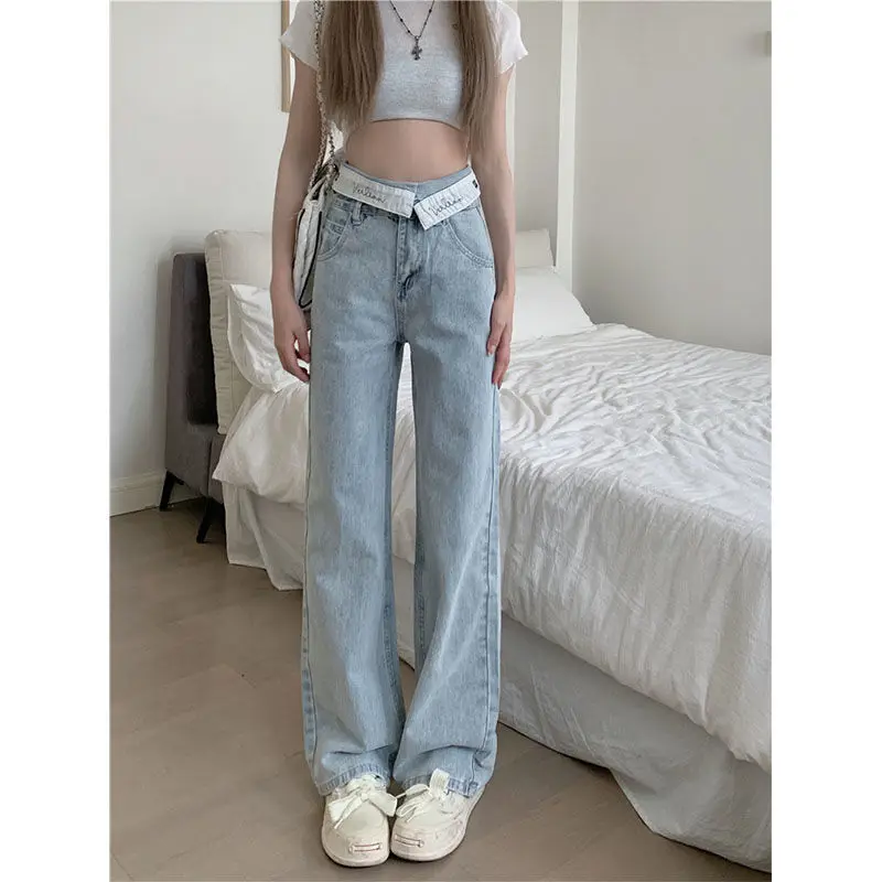High Waist Wide Leg Flip Flop Waist Jeans Women's Slim Straight Loose Floor-Length Pants Trendy Commute Style Pure Color