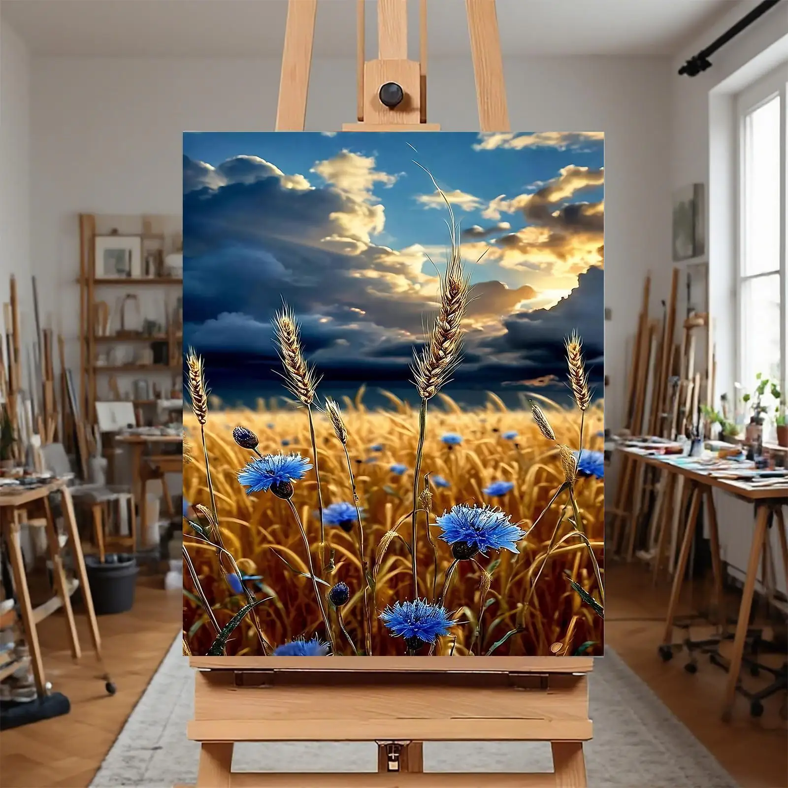Professional Art Use Frameless DIY Digital Oil Painting Kit - Blue Flowers in Wheat Field with Sunset Cloud Scenery. The Prod