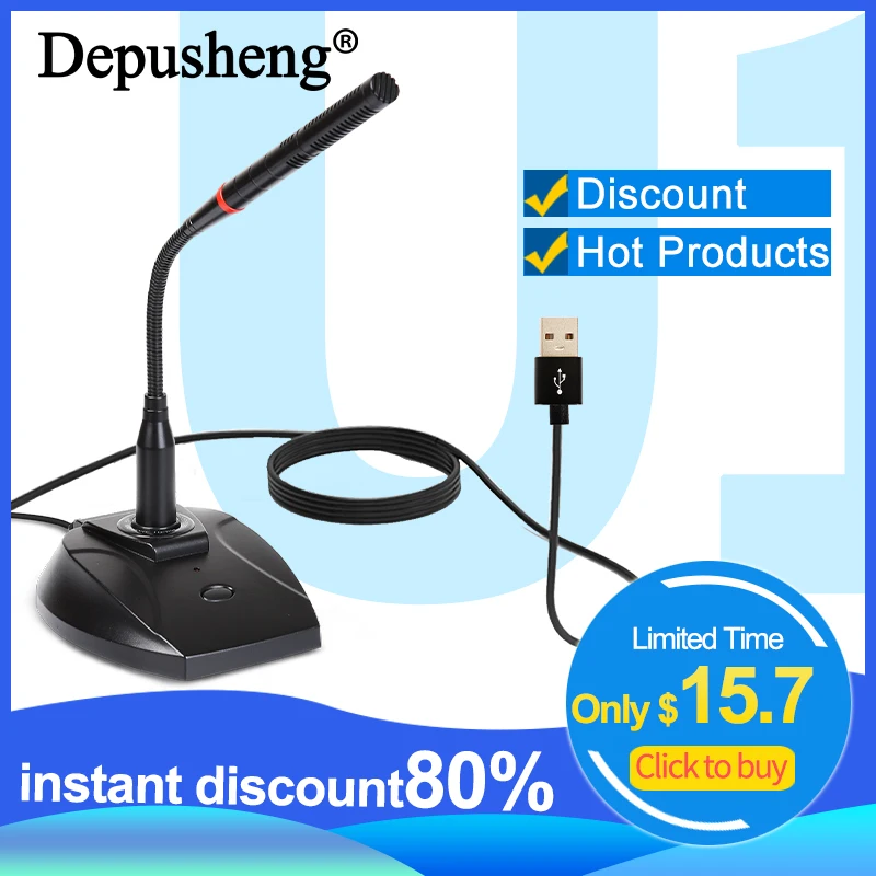 

USB Condenser Microphone Gooseneck Wired Depusheng U140 360° Flexible Stand Speech Mic for Computer Desktop Online Chat Karaoke