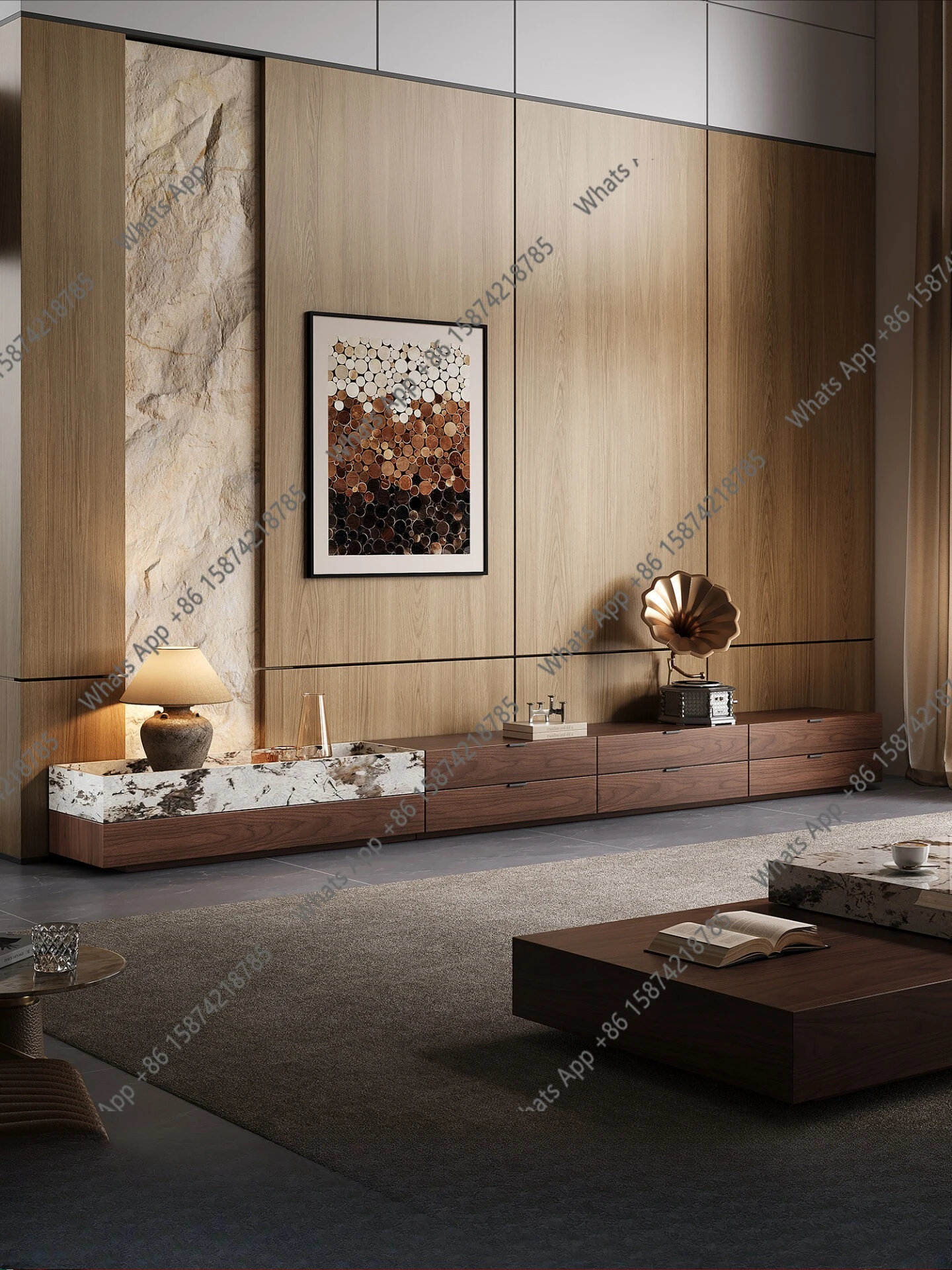 

Qianyue Italian minimalist solid wood TV cabinet natural luxury stone brown light luxury high-end villa storage TV cabinet