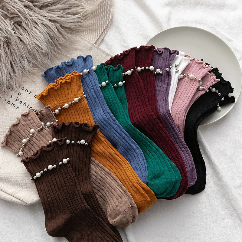 Socks Women's Mid-calf Japanese Style Sweet Pearl Rivets Vertical Strip Women's Socks Solid Color Fungus Lace Pile Socks