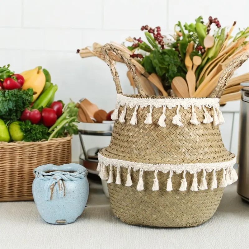 Versatile and stylish handwoven rattan wicker basket with convenient handle for effortless organization and storage. This practi