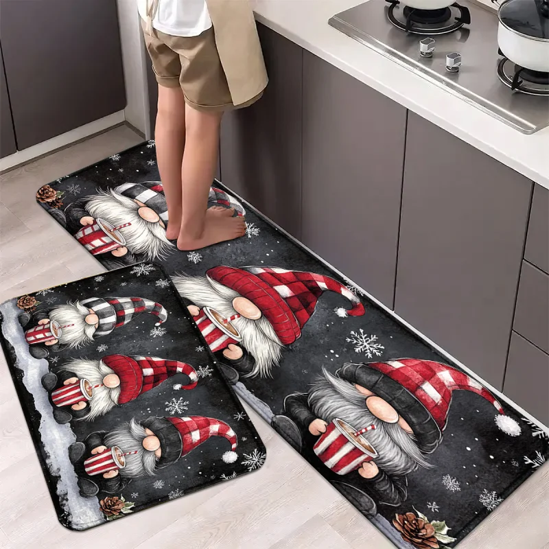 VIKAMA 1/2pcs Christmas Gnome Kitchen Floor Mat Washable Non-Slip Laundry Room Carpet Entrance Hall Rug Home Decor