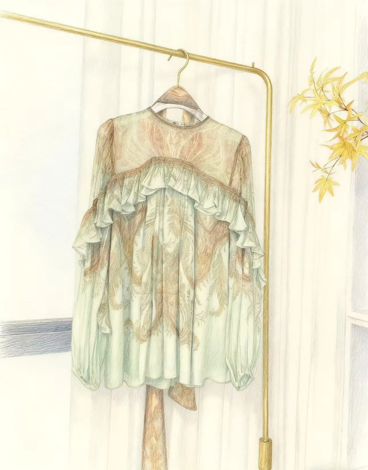 

2025 New Fashion Elegant Mint Green Paisley Print Ruffles Long Sleeve Blouse Tops