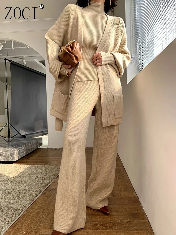 

ZOCI вязаный комплект из 3 предметов, женская тонкая водолазка, кардиган на шнуровке со сборкой на талии, пальто, брюки с высокой талией, новинка зимы 2025, FC1338