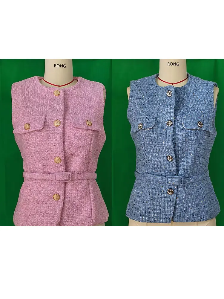 HH 2025 Woman Button Pockets Decoration Casual Slim Waistcoat Top Women Chic O-Neck Sleeveless Texture Vest Top Mujer