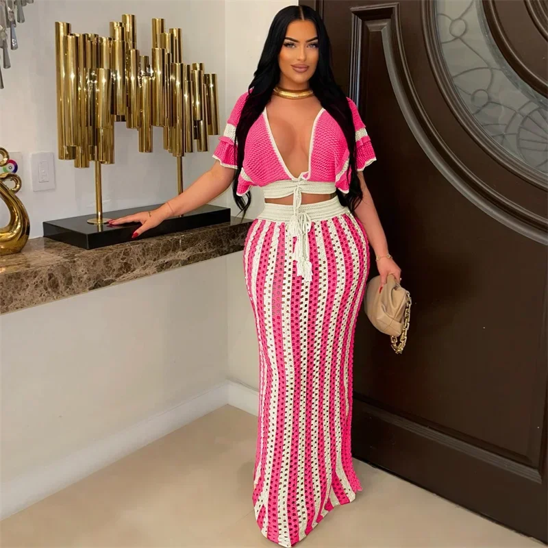 Striped Knitted Two Piece Set Women Outfit Elegant Clubwear Party Hollow Out V-neck Crop Top and Long Skirt Maxi Dress Sets