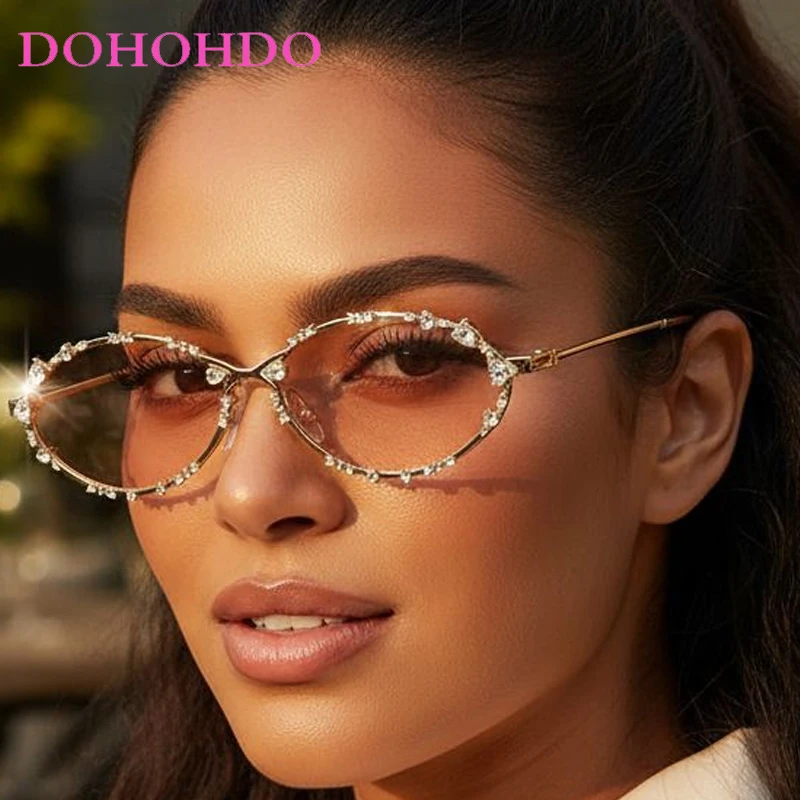 

Popular Brand Designer Oval Imitation Diamond Women Sunglasses Luxury Metal Frame Punk Sunglass Men Travel Shade Eyewear UV400