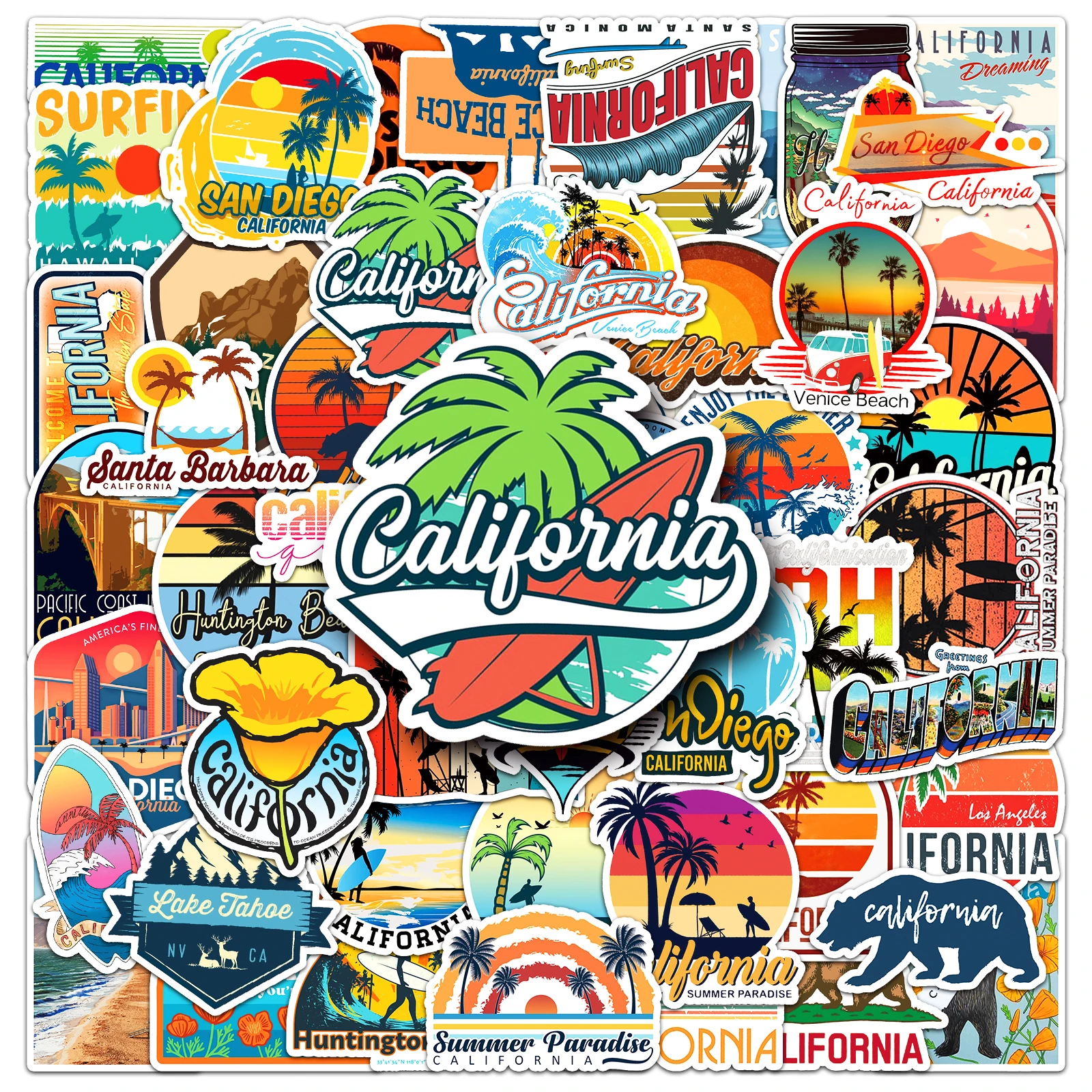 50Pcs California City Series Cartoon Cute Waterproof Sticker Skateboarding Snowboard Retro Vinyl Sticker