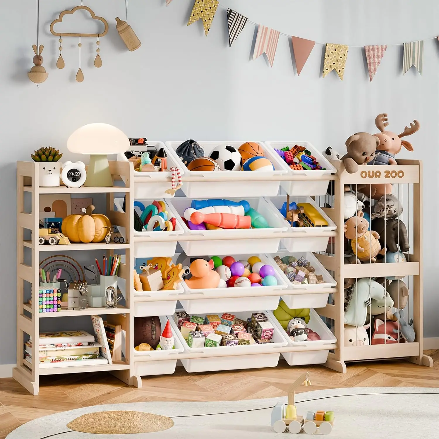 

Large Kids Toy Storage Organizer - Toy Organizers and Storage with Stuffed Animal Storage, Kids Toy Storage Shelf with 12 Plasti
