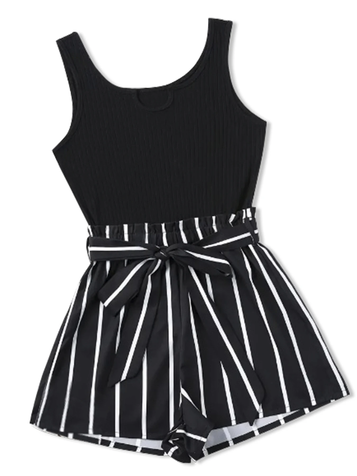 Camiseta sin mangas corta acanalada para mujer y pantalones cortos con cinturón y estampado a rayas, conjunto de pantalones cortos y sin mangas y cuello redondo cómodos ajustados