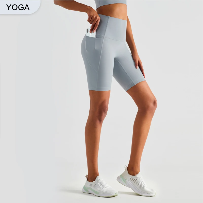 New Women\'s Slimming Super High Waist Fitness Sports Tights with Curved Side Pockets for Hip Lifting Peach Yoga Shorts