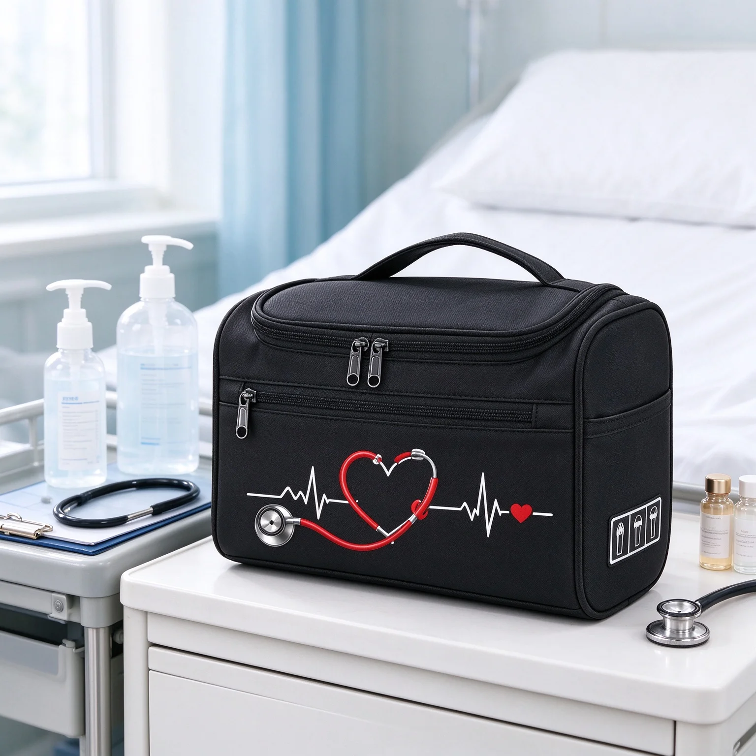 Toiletry Bag ECG Heart Stethoscope Print Travel Cosmetic Bag Portable Nurse Toiletry Organizer Medical Worker Gift
