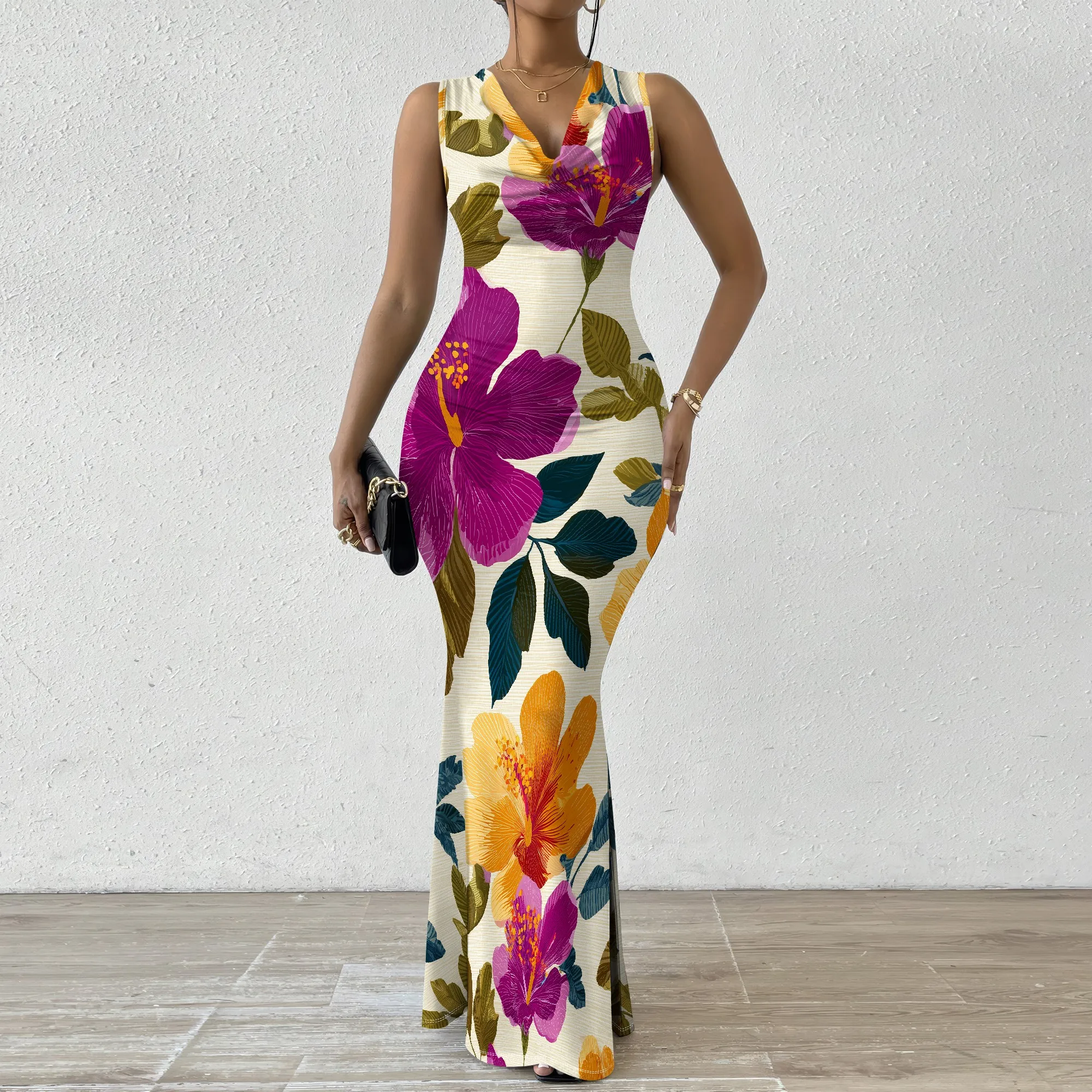 

Floral V-Neck Maxi Dress Women's Summer Dress 2025 New Arrival XS-2XL Vacation Beach Party Dress