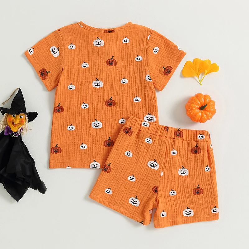 Infant Baby Halloween Costume Set Short Sleeve Pumpkin Print T-Shirt Pocket Shorts Toddler Boys Girls Outfit Clothing