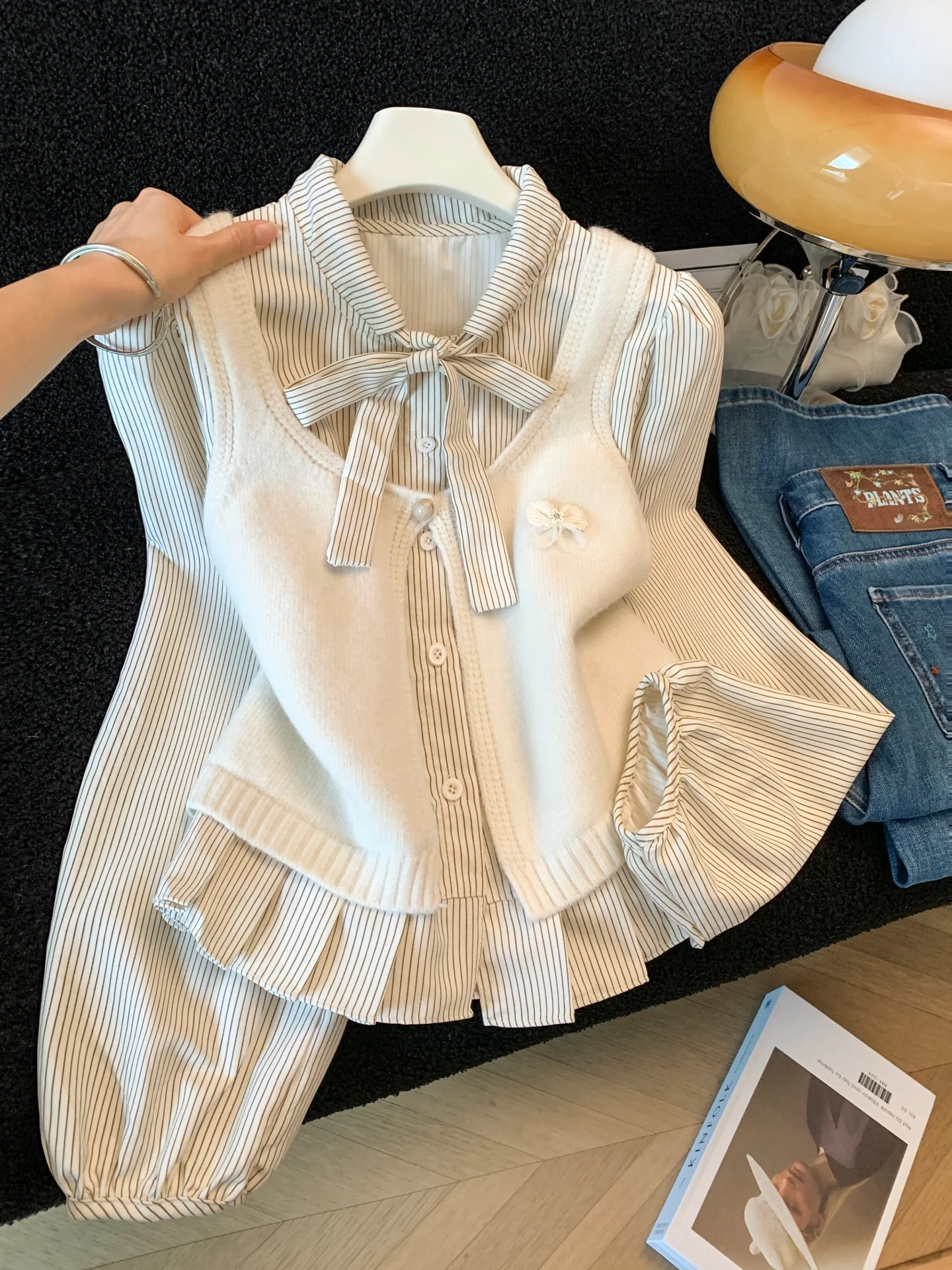 Women's Long Sleeve Striped Shirt And Sweater Vest Two-Piece Set Cute Japanese College Vintage Casual Top Shirt Vest Sweater