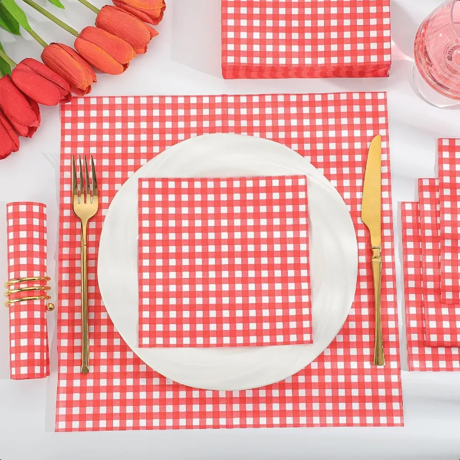 80枚入り レッドギンガムナプキン 6.5×6.5インチ 赤と白のチェック柄ナプキン 格子柄ピクニックナプキン ギンガムパーティーナプキン バーベキューバー用