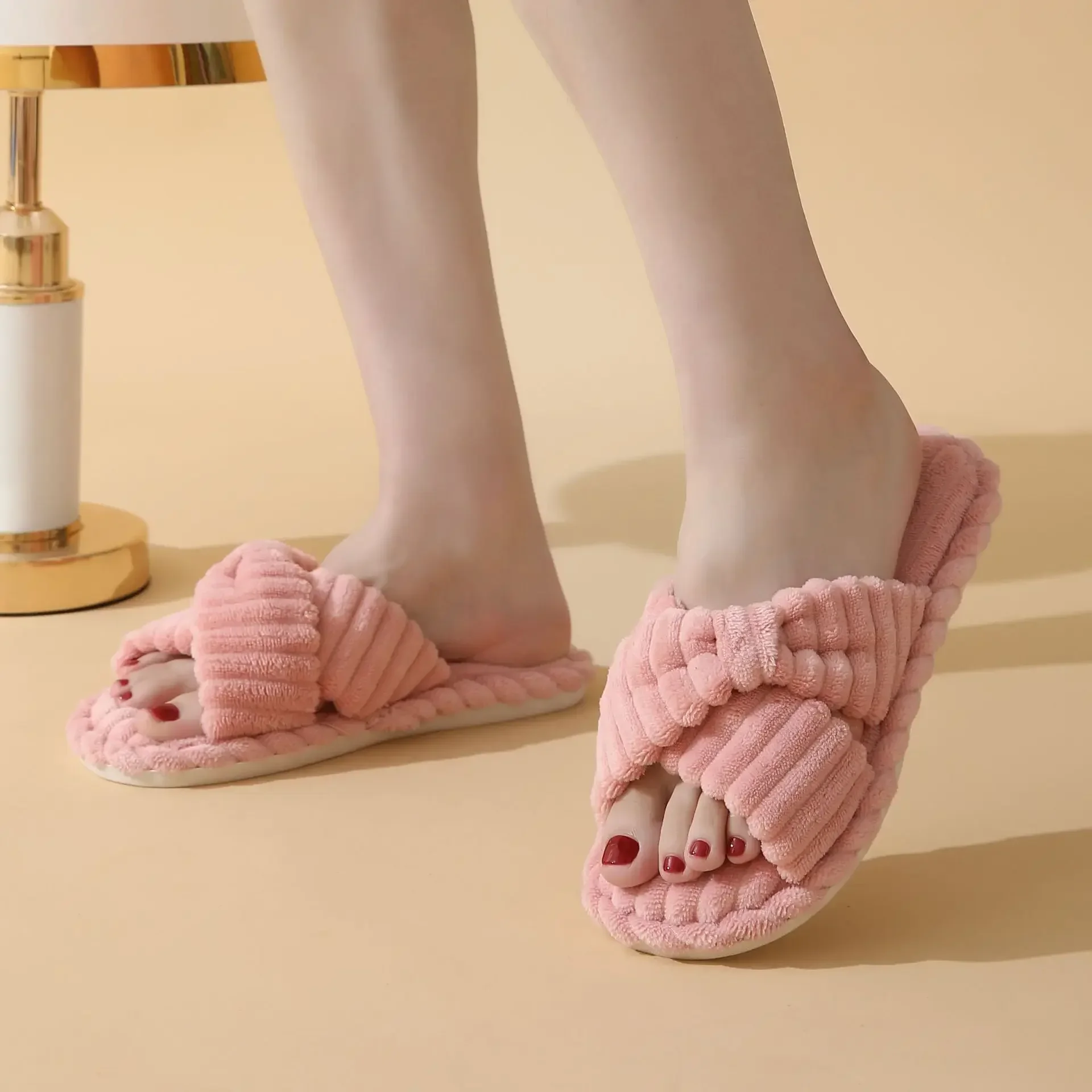 New Women Home Slippers 2025 Autumn Winter Open-Toe Cross Corduroy Soled Indoor Slides Linen Soled Non-Slip Bathroom Slippers