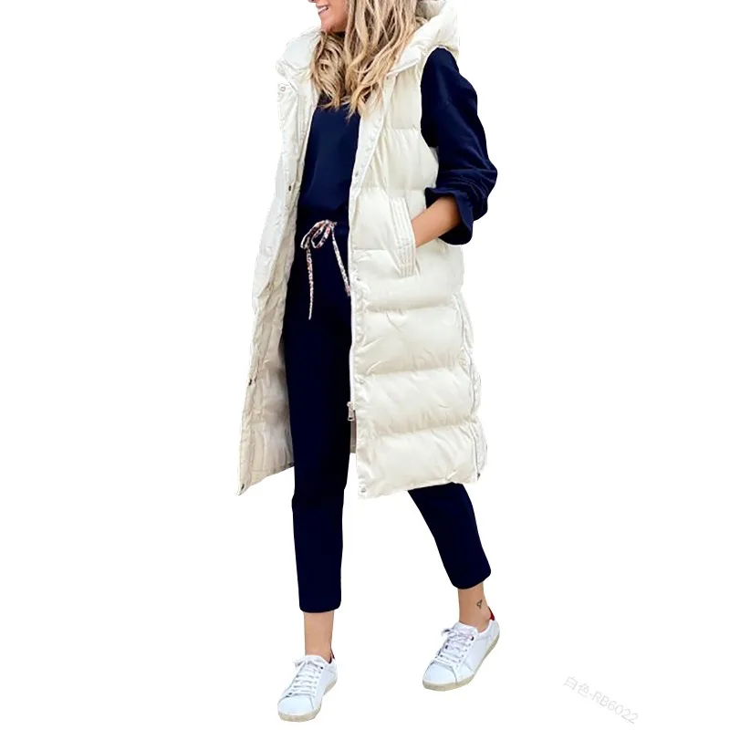 Solid Color Hooded Long Cotton Jacket Vest Casual Fashion Single Breasted Pocket Jacket for Women