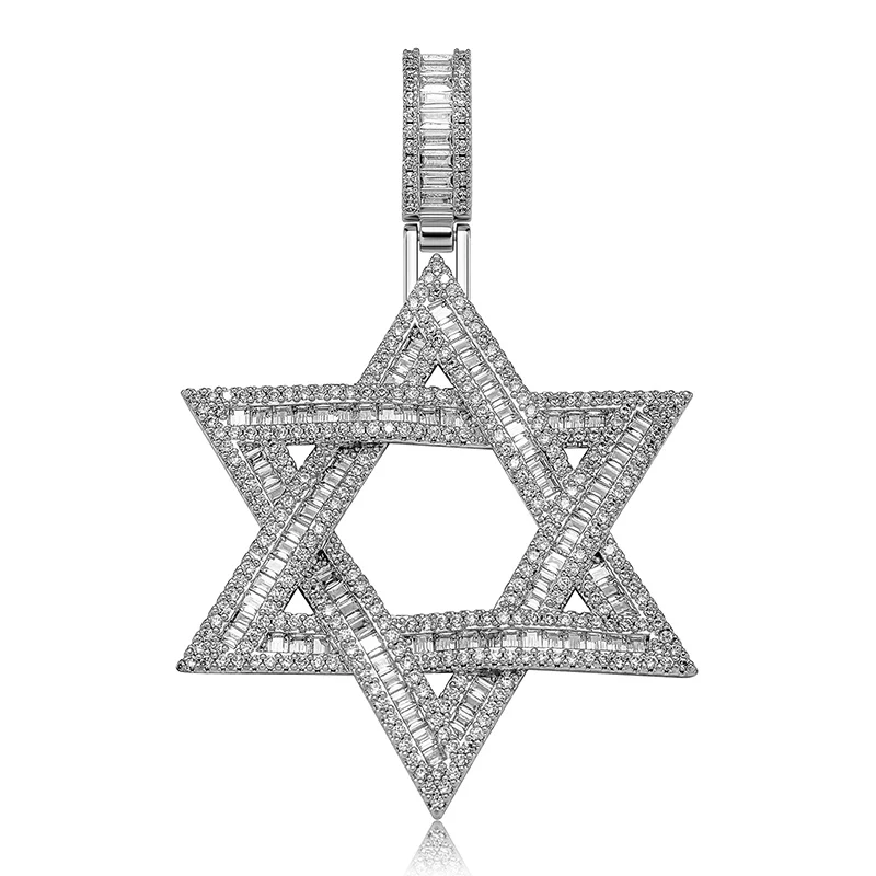 Hip Hop 3A+ CZ Stone Paved Bling Iced Out Jewish Star of David Pendants Necklaces for Men Rapper Jewelry Gold Silver Color