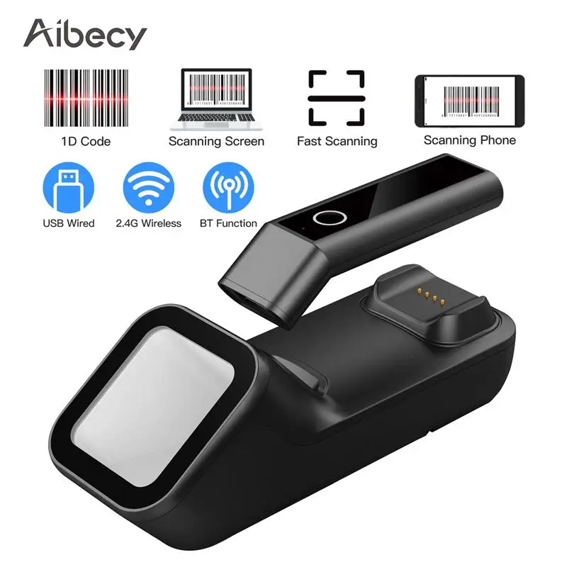 Top Aibecy 3-in-1 1D/2D/QR Bar Code Reader BT & 2.4G Wireless Barcode Scanner Handheld USB Wired Connection with Scanning Base