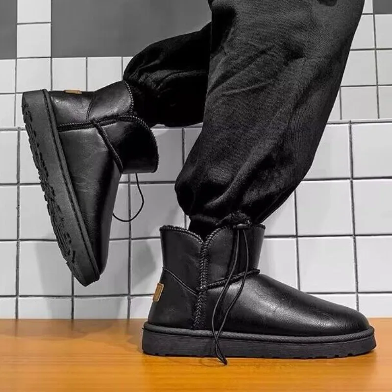 

Winter Snow Boots Men Thickened Fleece Lined Warm Waterproof Non Slip Slip on Leather Cotton Shoes Korean Fashion Young Male