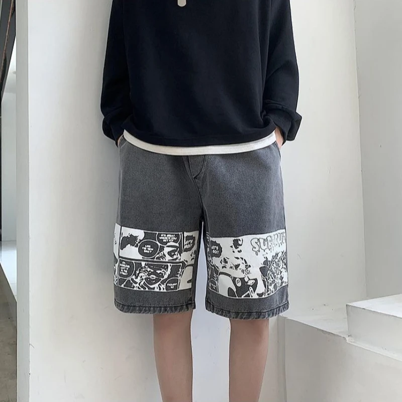 

Men's Fashionable Denim Shorts with Printed Art Loose Fit Summer Light Korean Inspired 2026 New Mid-Length Urban Street Wear