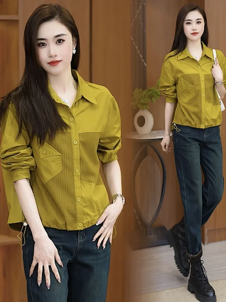 

Весна 2026: Модная свободная приталенная рубашка в корейском стиле с воротником, повседневный топ для женщин, для работы, с длинным рукавом, стандартный крой.