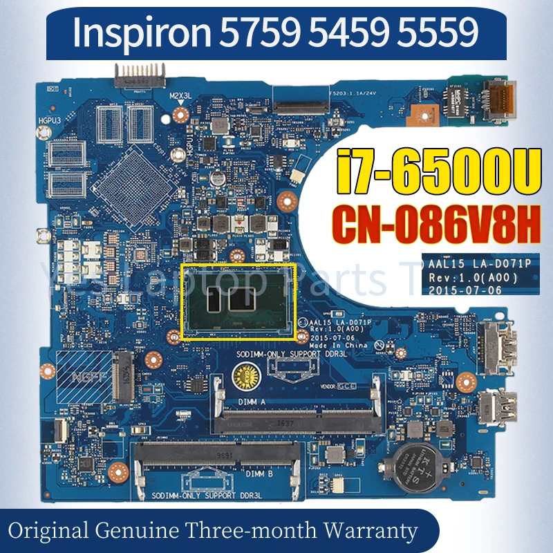 AAL15 LA-D071P For Dell Inspiron 5759 5459 5559 Laptop Mainboard CN-086V8H SR2EZ i7-6500U Notebook Motherboard 100％ Tested