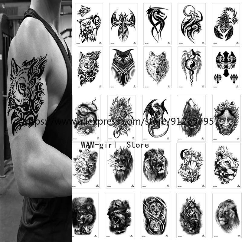 Wholesales 100Pcs Waterproof Temporary Tattoo Sticker Lion Bear Skull Body Arm Art Women Sleeve Fake Tattoos