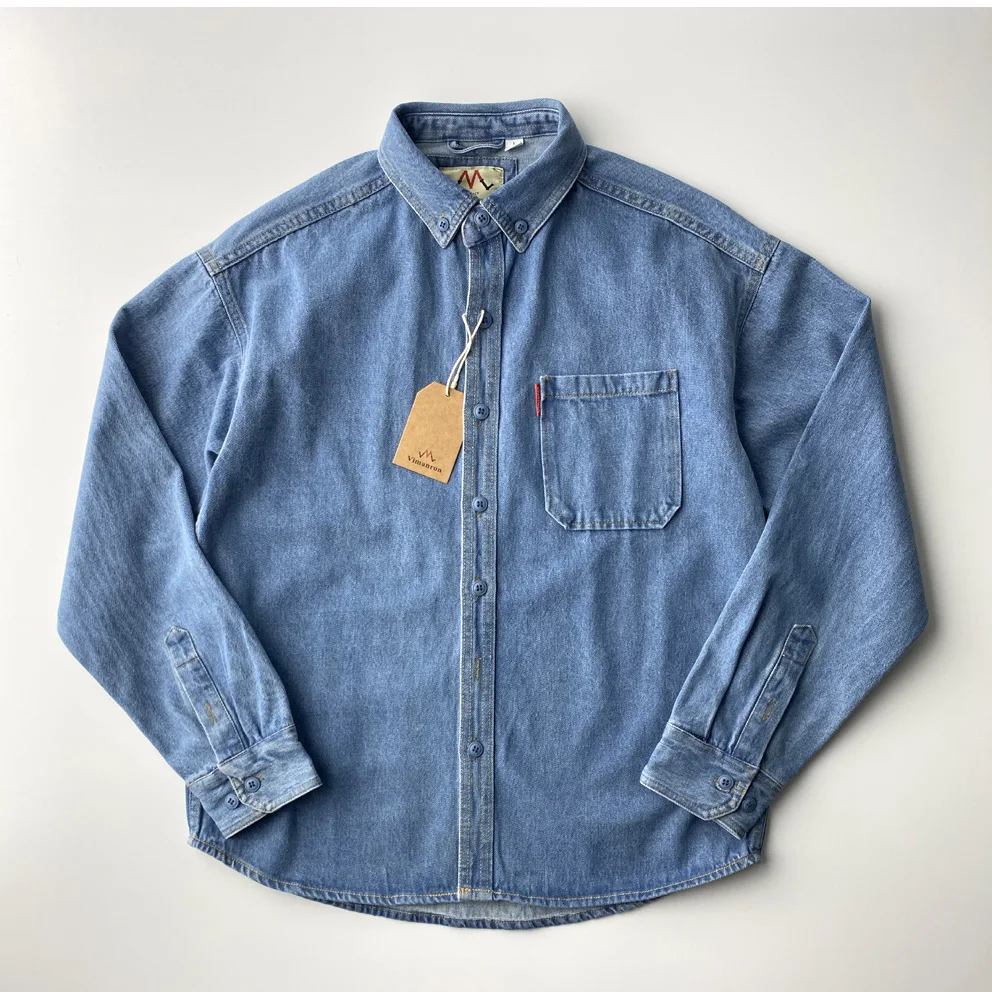 Heavyweight Cotton Workwear Shirt American Casual Long Sleeve Thick Denim Washed Resistant Wear Spring Autumn Pure Color