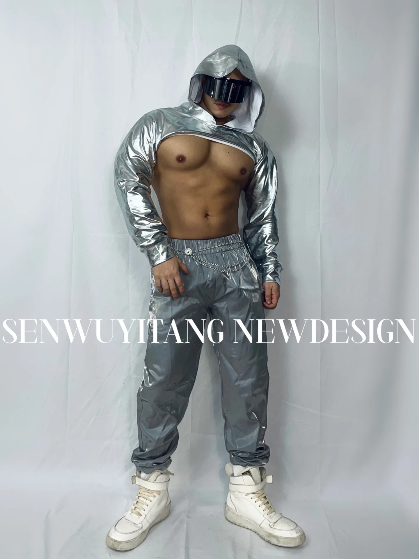 

Silver Hooded T-shirt Top+Pants Men Clothes Set New Futuristic Technology Male Singers Nightclub Bar Theme Opening Show Costume