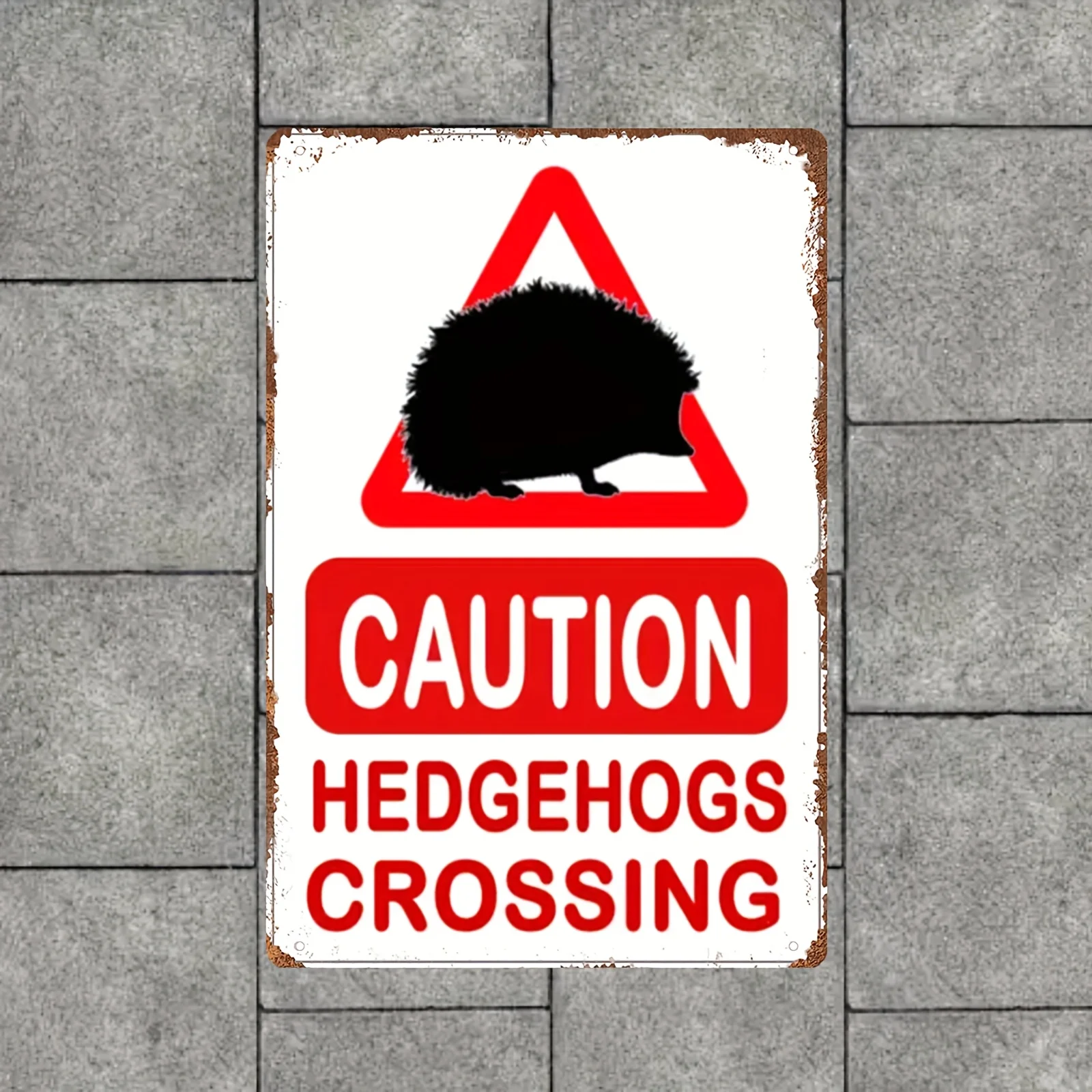 Art Deco Style Hedgehog Crossing Metal Sign, Vertical Oblong Tinplate Poster Frame, Fun Animal Warning Sign for Home & Garden D