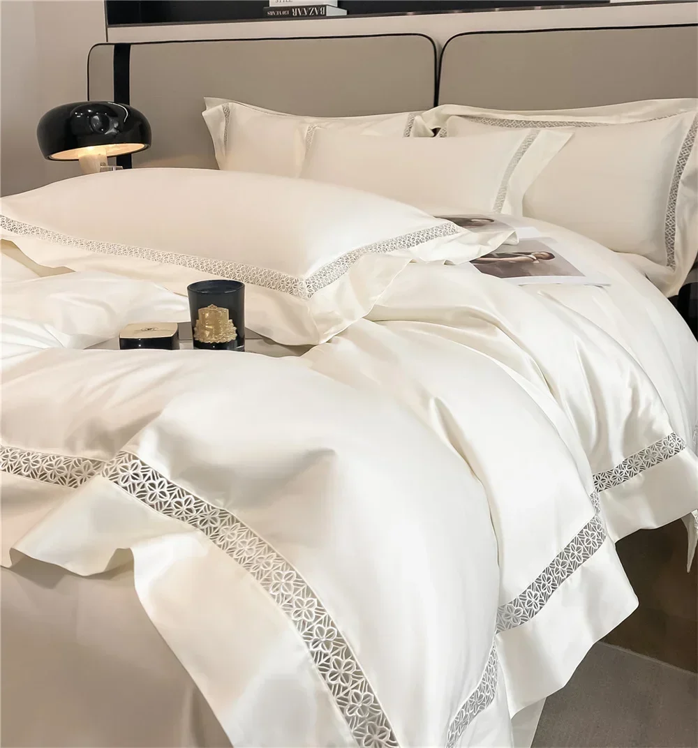 Svetanya Brief Pure White Solid Bedding Set Hollow Out Border Egyptian Cotton Duvet Cover Set Queen King Size Linens Pillowcases