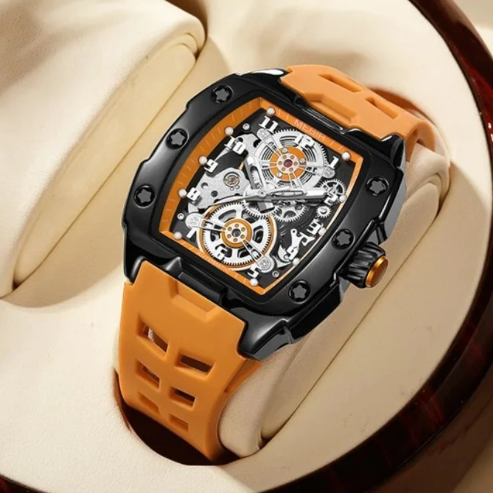 

MEGIR 8602, модные мужские автоматические механические часы, повседневные спортивные силиконовые ремешки, водонепроницаемые полые механические дизайнерские часы для мужчин