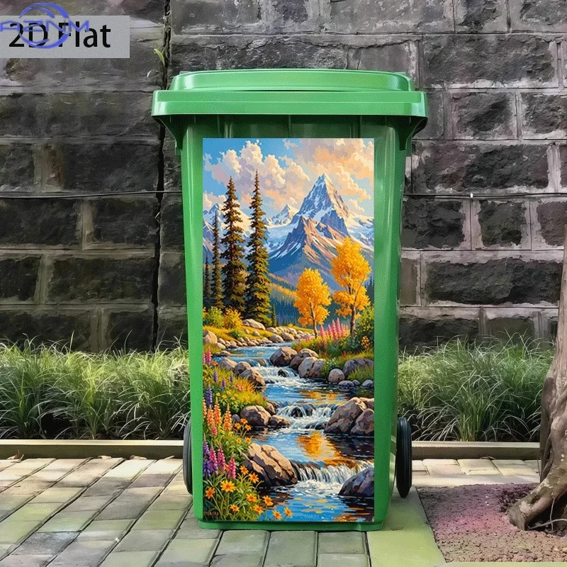 2D Flat Printing 1pc Trash Can Sticker, Autumn Creek Reflecting Snowy Mountain Themed Design, Self-Adhesive Wall Decal Wallpap