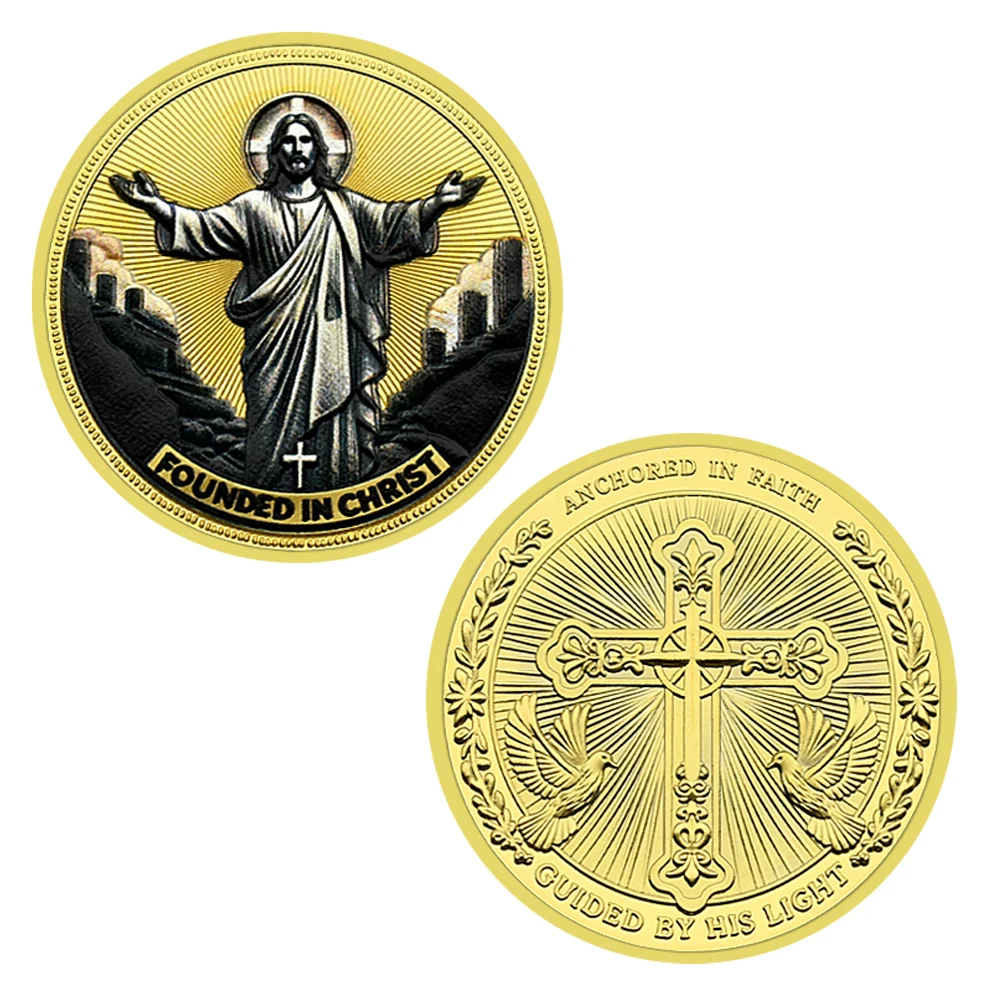 New Jesus Commemorative Coin FOUNDED IN CHRIST Zinc Alloy Three-dimensional Christian Cross Metal Medal Collection Gift