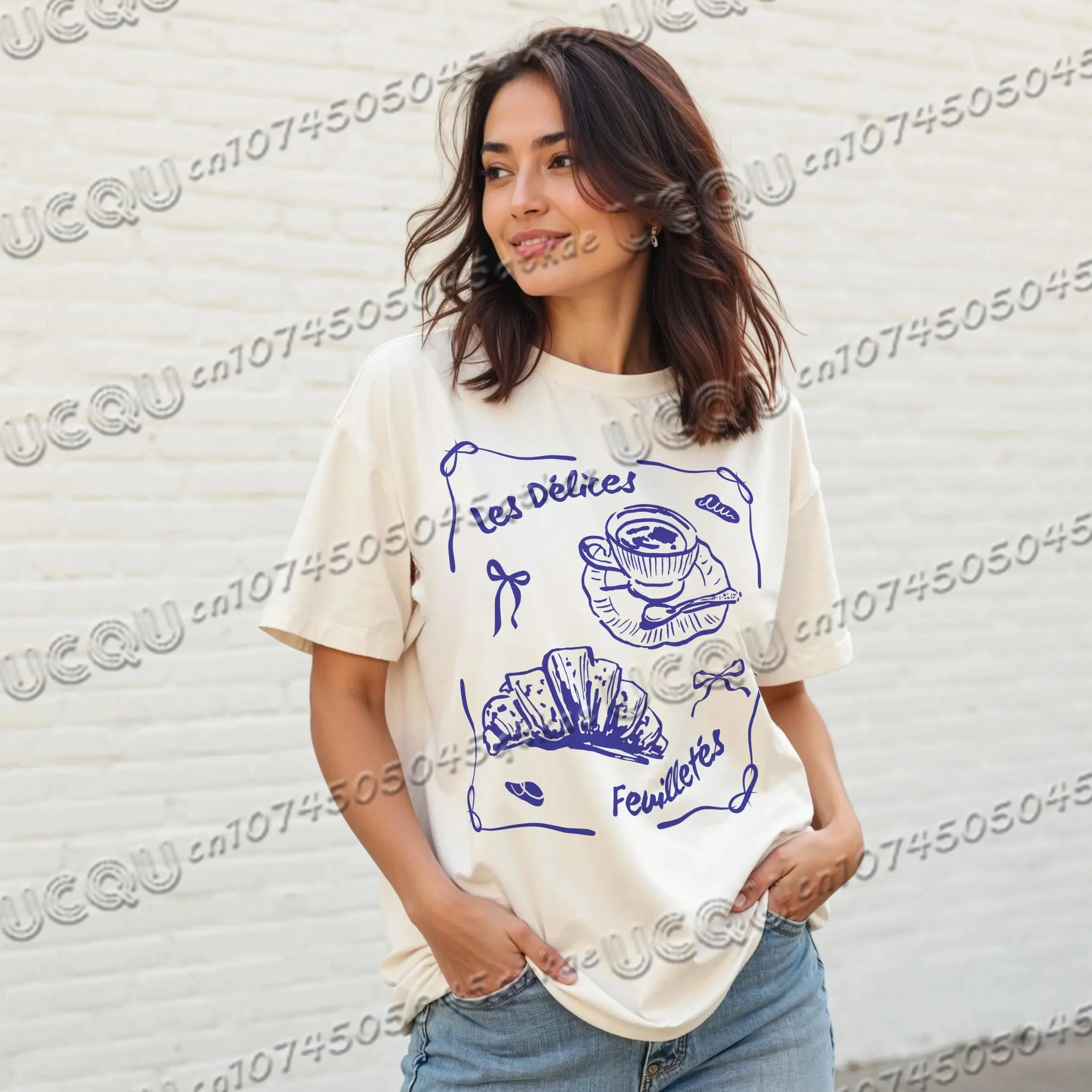 

Футболка с французскими кондитерскими круассанами, футболка Foodie, удобные цвета, женская хлопковая футболка с круглым вырезом, дышащий домашний топ для путешествий и пригородных поездок