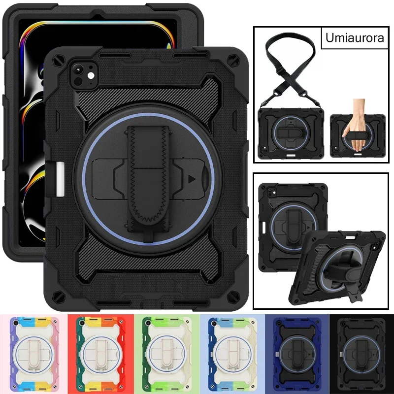 For IPad 10 11th 12th Gen A19 Mini A17 Pro 11 12.9 Air 10.9 13 inch M2 M3 M4 M5 Shockproof Tablet Case Stand Strap Rugged Funda