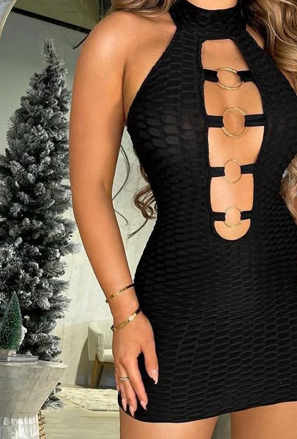Dames halterneck uitgehold slanke mini-jurk mouwloze bodycon slanke sexy skinny jurk zomer zwart