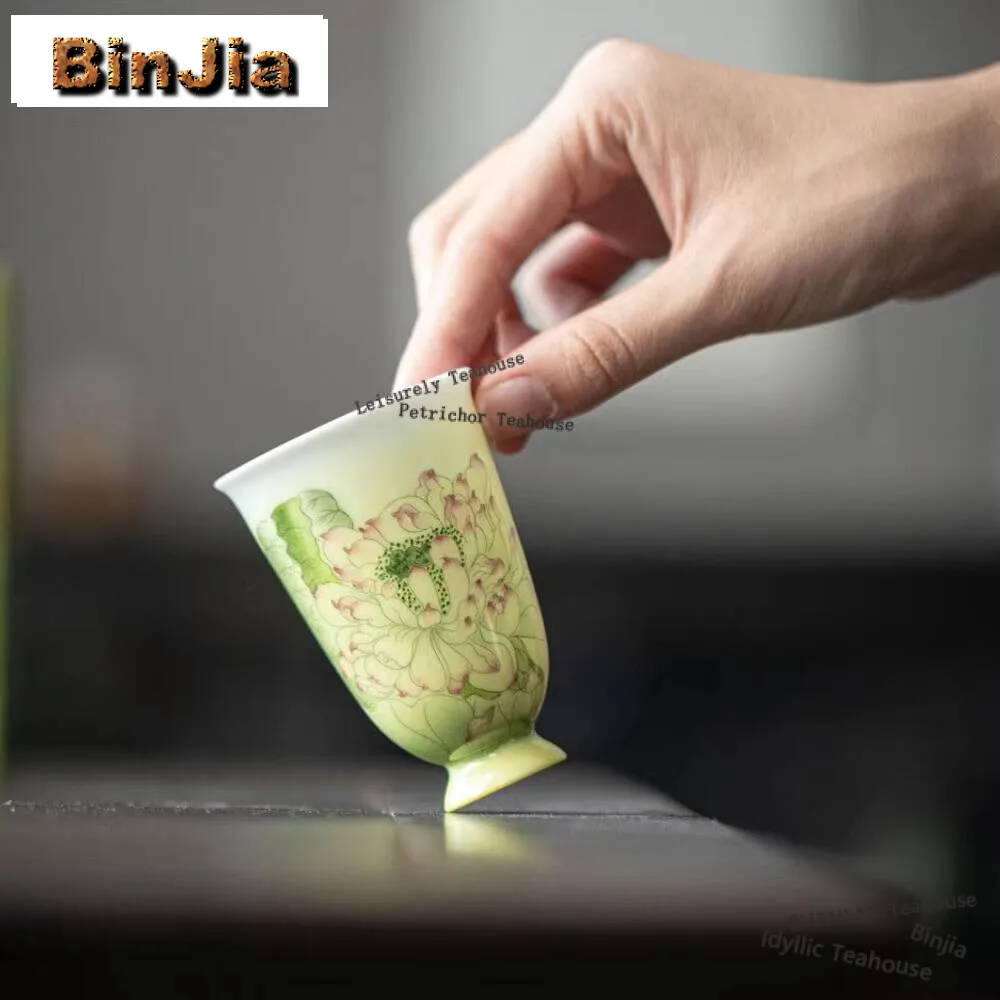 

90ml Pure Hand-painted Lotus Teacup Jingdezhen Handmade Thin Tire Porcelain Master Cup Tea Japanese Tasting Fragrant Mug Teaset