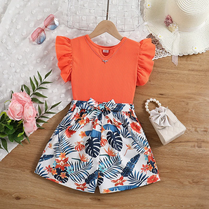 

Kids Summer Clothes Sets For Girls Orange Petal Sleeves Top & Print Belted Short Casual Vacation Pastoral Style Outfits