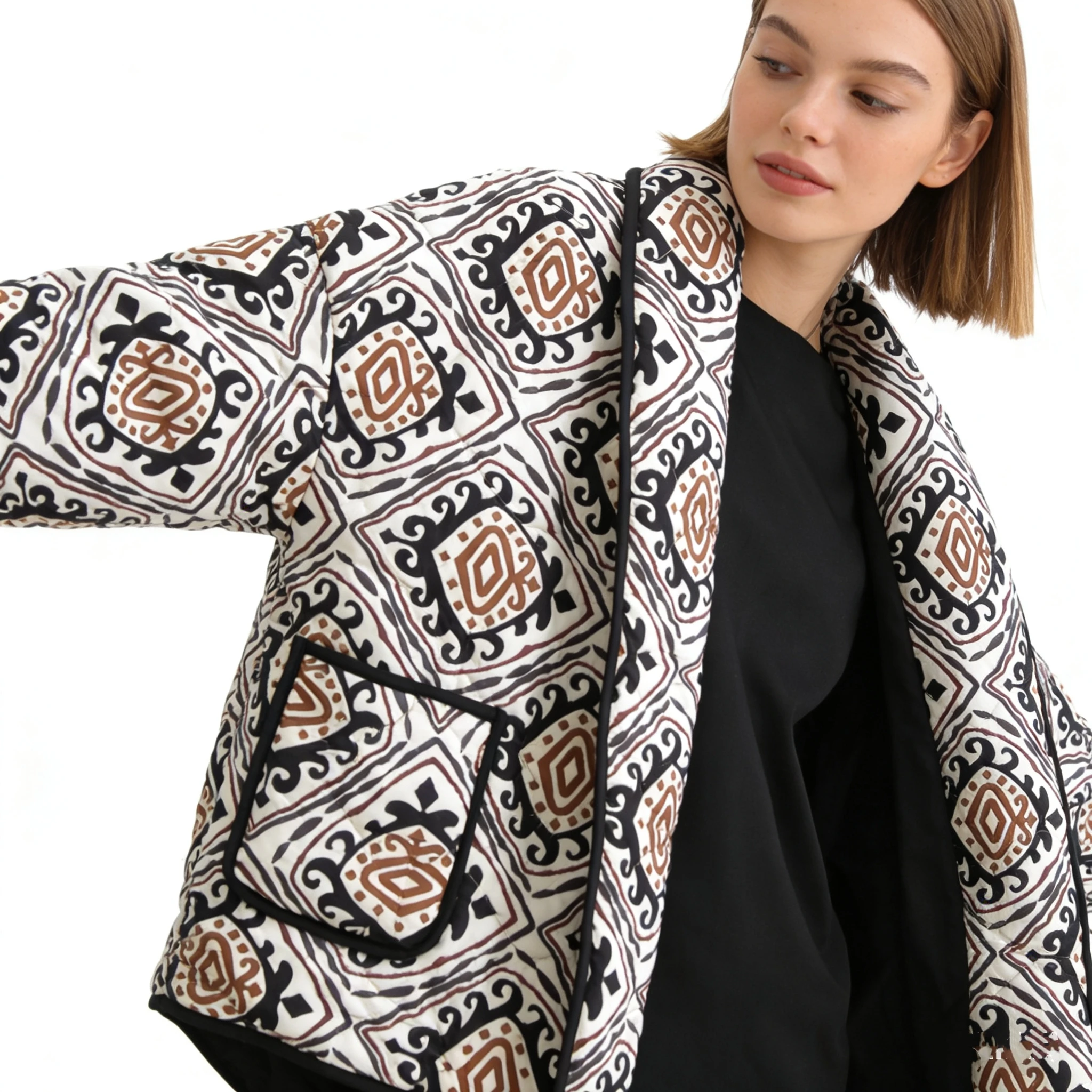 

Fashion Printed Fake Two Piece Contrasting Small Stand Up Collar Cotton Jacket Autumn/Winter New Loose Cotton Cardigan Coat