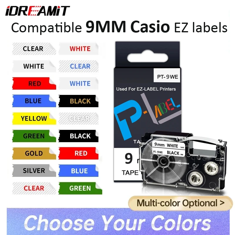 

1-Pack 9mm 12mm XR-9WE Compatible Casio XR-9X XR-9RD XR-9BU XR-9YW XR-9GN label tape for KL-60 KL-120 KL-100 KL-200 printers