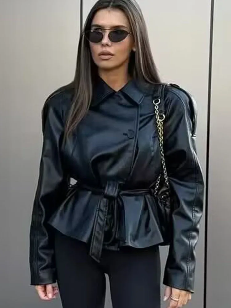 

2025 Autumn Fashion Imitation Leather Effect Jacket Coat Long Sleeve With Belt Jackets For Women Streetwear Casual New Outerwear