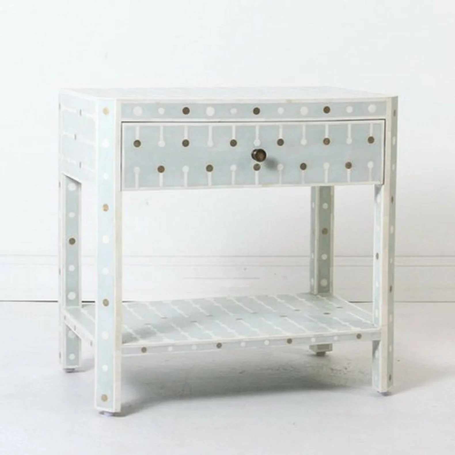 Handicraft Sprout Design Bone Inlay Bedside Table with 1 Drawer and 1 Shelf